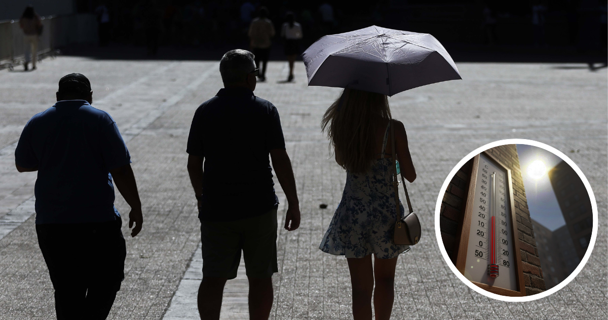 Personas en sombras caminando en un día de calor extremo. Y foto de contexto de termómetro y sol.