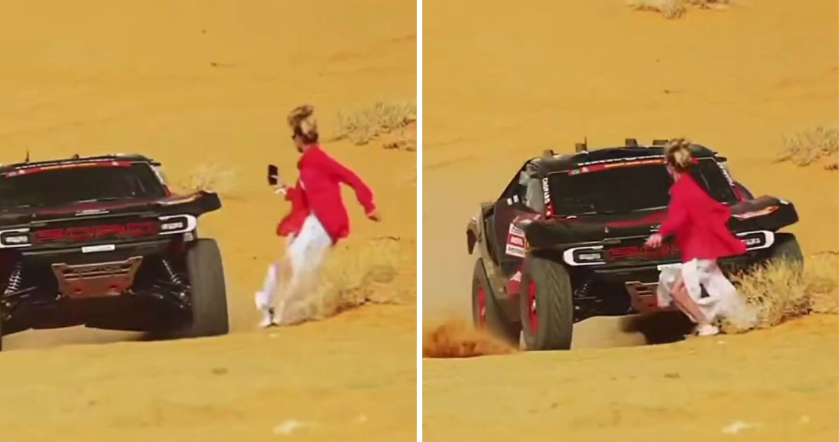 Mujer estuvo a centímetros de ser arrollada por un auto en el Rally Dakar.