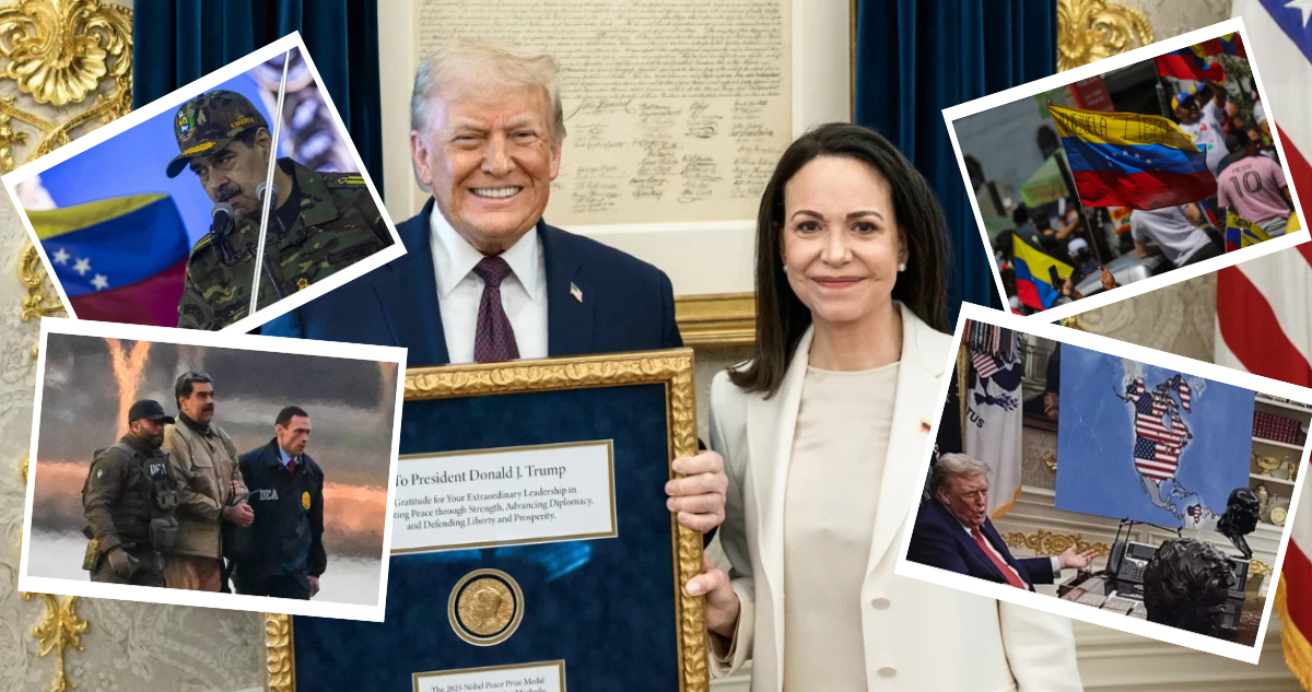 Corina Machado y Trump, fotos de Maduro, celebración con banderas de Venezuela e imagen de Venezuela como territorio de EEUU.