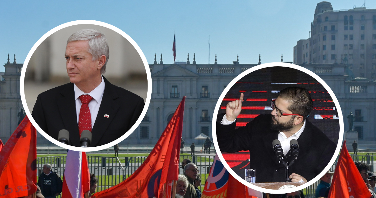 Marcha frente a La Moneda con banderas rojas. Foto de Kast y foto de Boric.