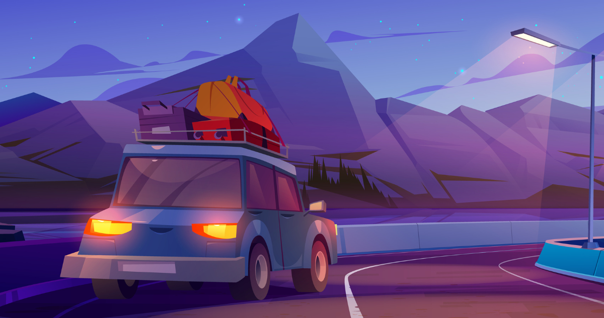Ilustración muestra a un auto con maletas de viaje en una ruta de noche