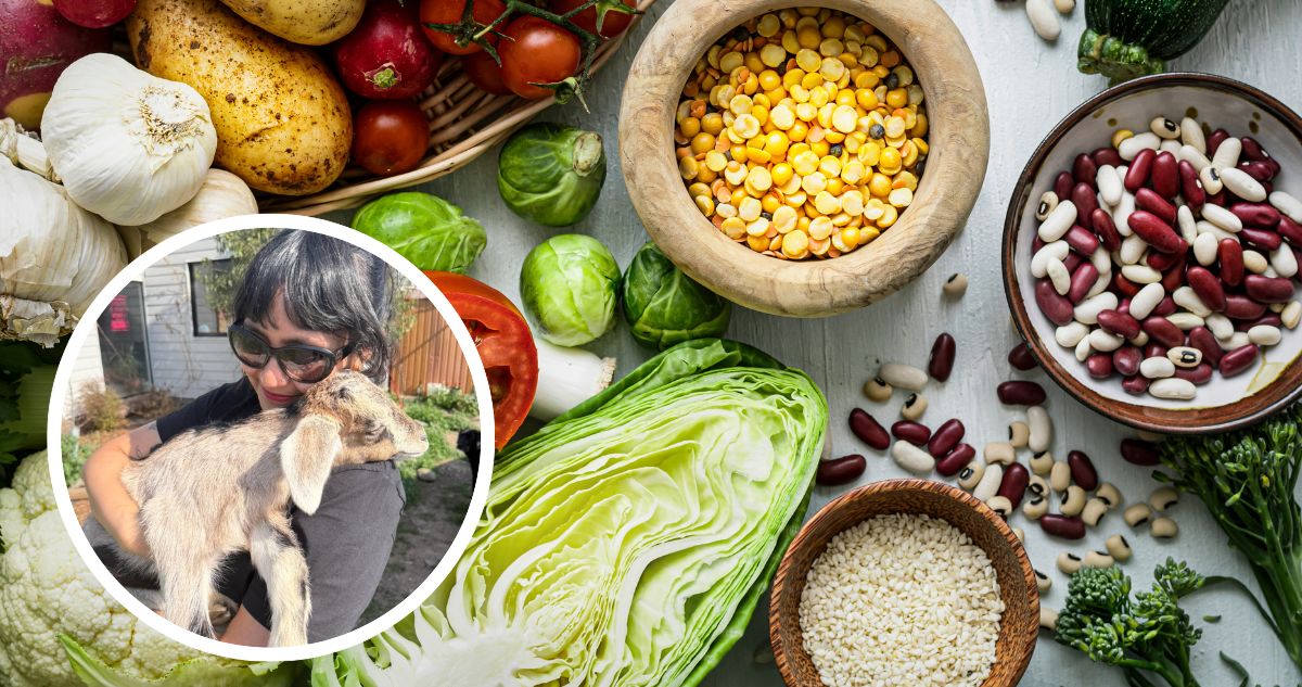 Alimentación vegana y joven con una cabra.