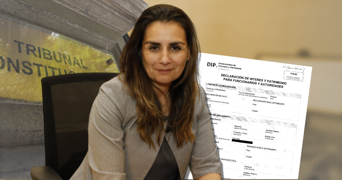 María Angélica Barriga Meza con placa del TC y declaración falsa detrás.