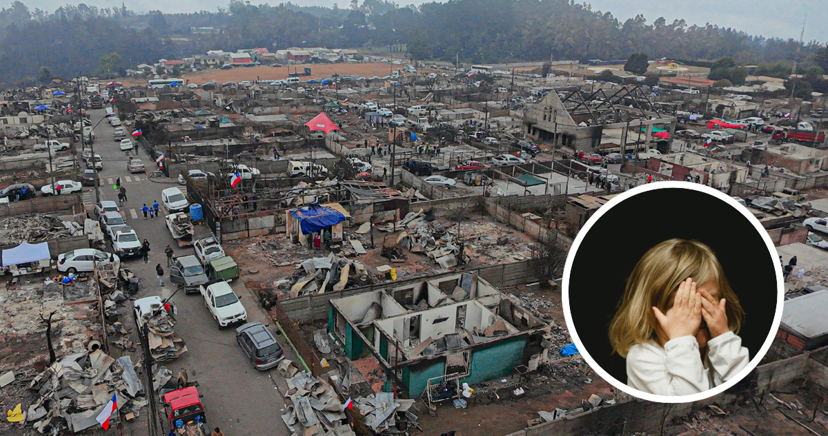 Viviendas quemadas en Lirquén y foto de contexto de niña cubriéndose el rostro.