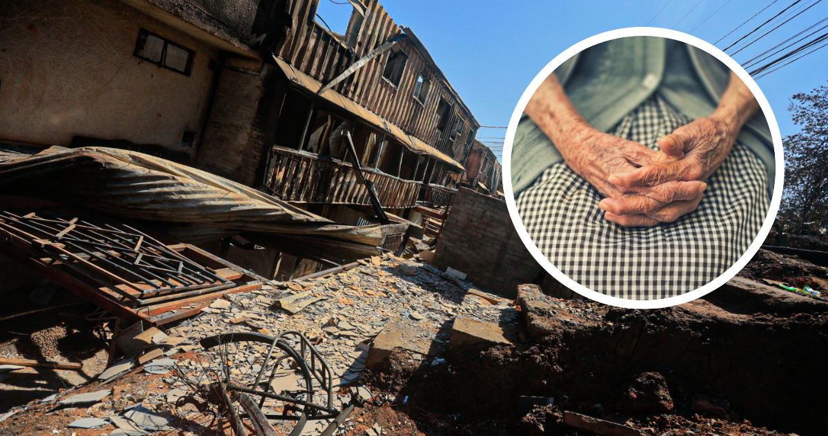 Vivienda quemada tras incendio forestal. Foto de manos de persona mayor.