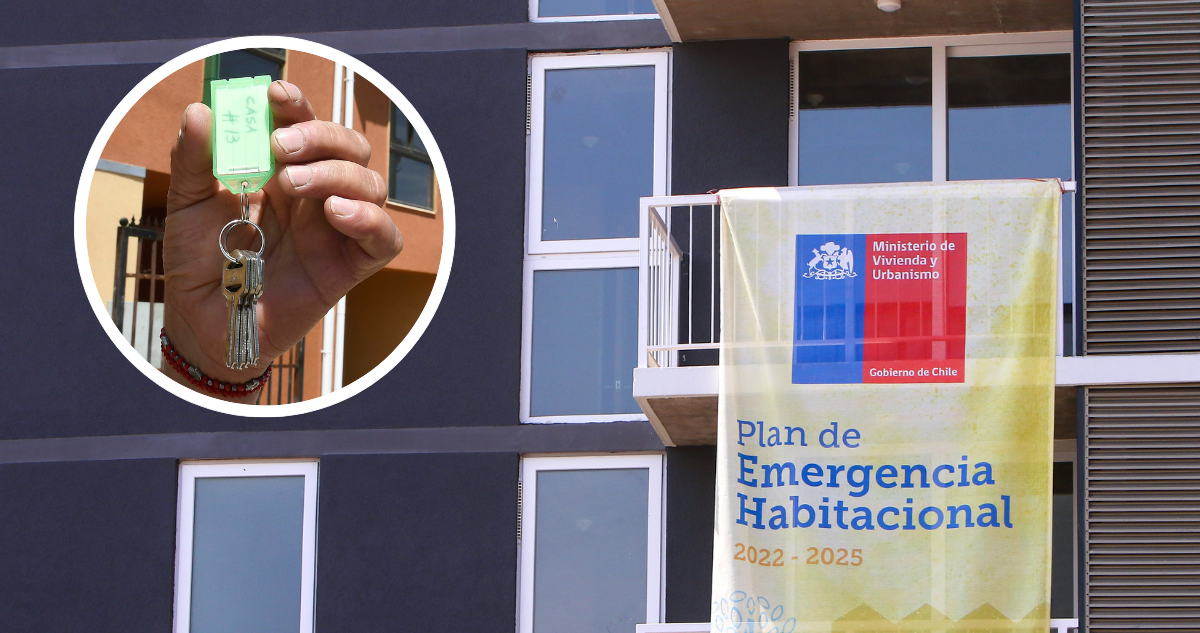 Viviendas pertenecientes a Plan de Emergencia Habitacional. Y foto de mano de persona con las llaves de su vivienda.