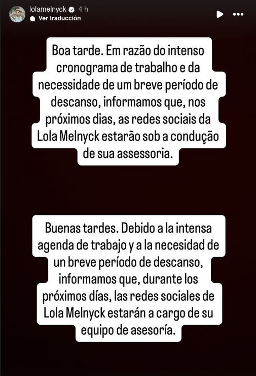 Mensaje de equipo de Lola Melnyck en su cuenta de Instagram