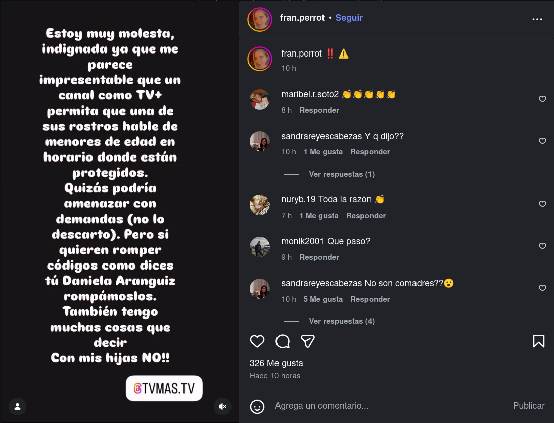 Captura de publicación de Francoise Perrot contra Daniela Aránguiz