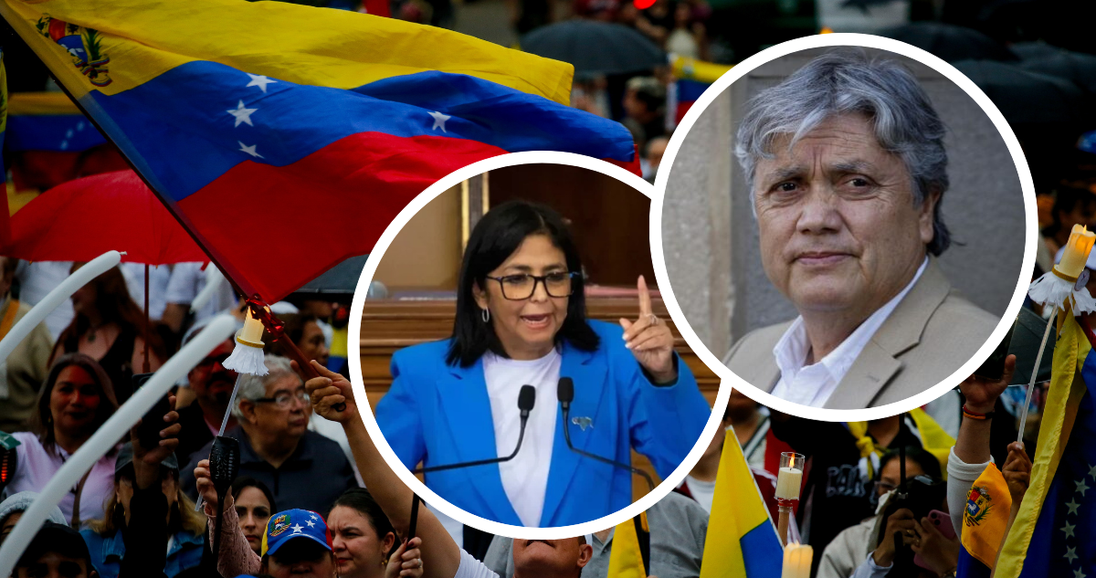 Personas con banderas de Venezuela celebrando detención de Maduro. Foto de Delcy Rodríguez y foto de Alejandro Navarro.