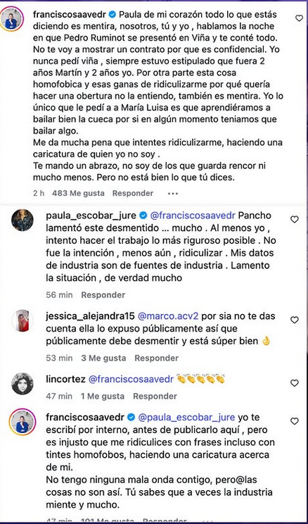 Cruce entre Pancho Saavedra y Paula Escobar en Instagram