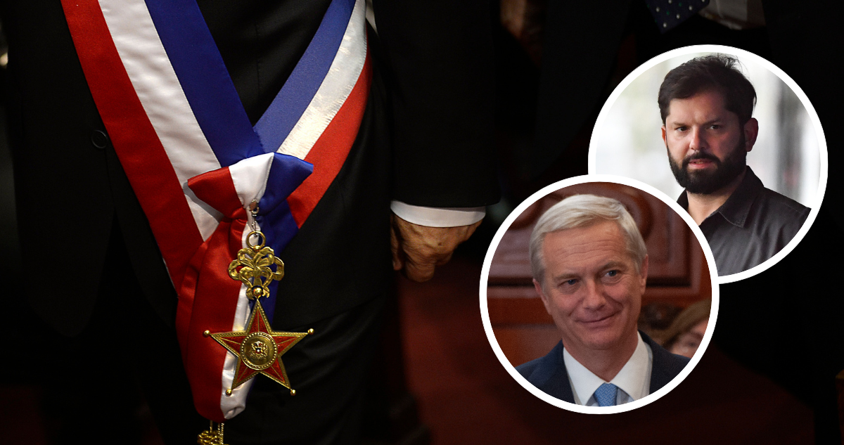 Banda presidencial y fotos de Boric y Kast