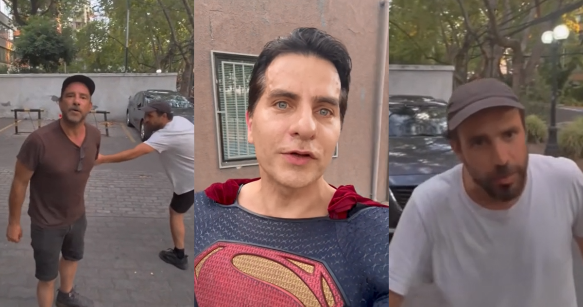 “Te vamos a reventar la cara”: imitador de Superman graba violenta amenaza de un músico en plena calle