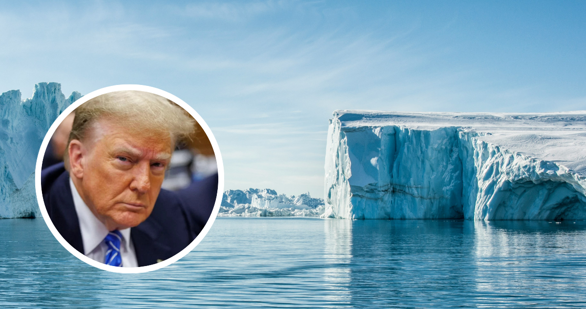 Foto de contexto de territorio de Groenlandia y foto de Donald Trump.