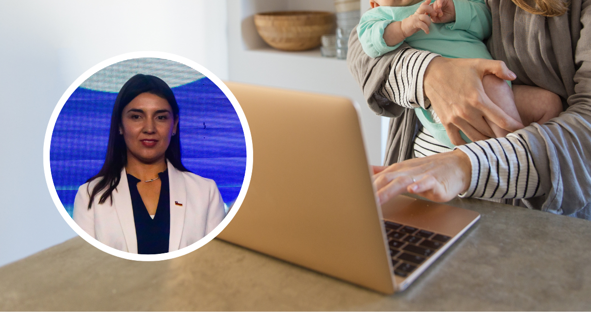 Ministra de la Mujer del gabinete de Kast y fotografía de mujer trabajando con un bebé en sus brazos.