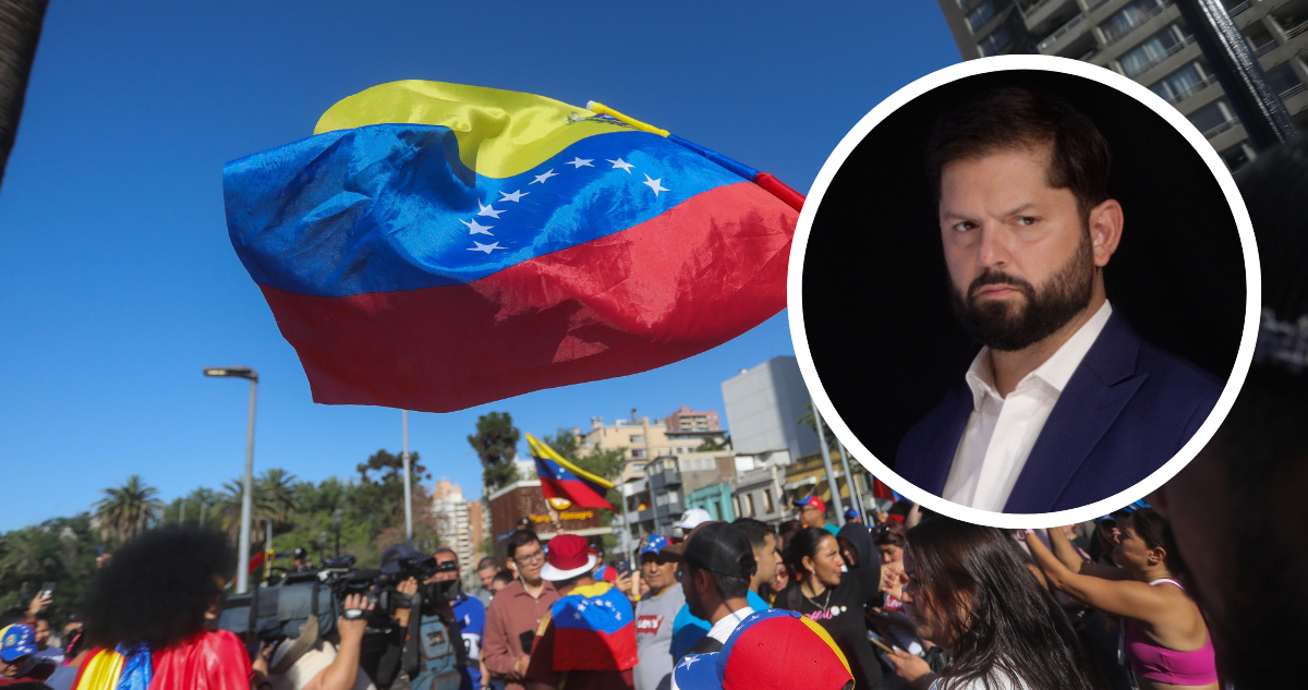 Personas celebrando captura de Maduro y foto de Gabriel Boric