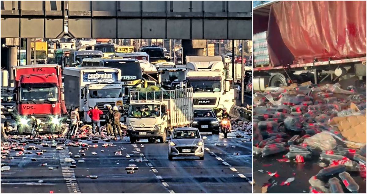 Derrame de bebida cola genera problemas en la Ruta 5 altura Quilicura
