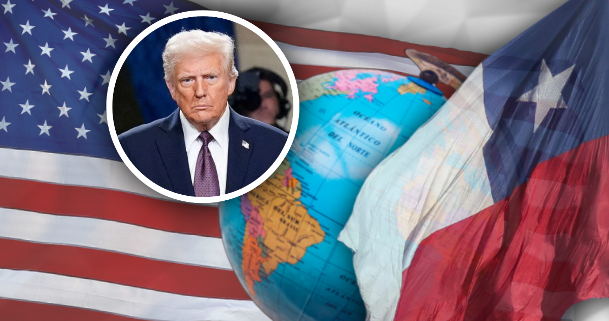 Globo terráqueo, banderas de Chile y Estados Unidos, y foto de Donald Trump.