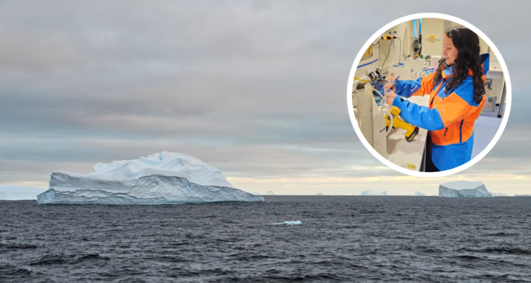 Paisaje antártico y Científica recuperando la fase gaseosa en una de las muestras.