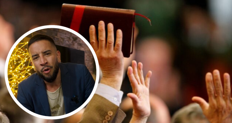 Foto de contexto de culto pentecostal y foto del “Pastor Rocha”.