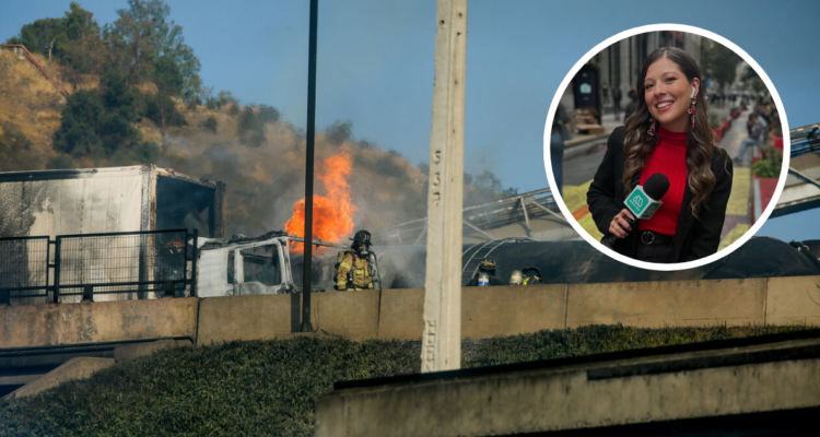 Fotografía de explosión de camión en Renca y en miniatura la periodista de Mega, Bárbara Mena