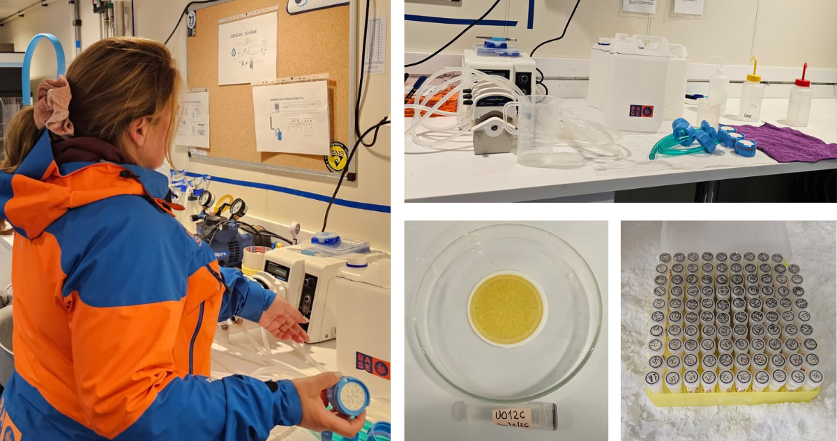 Científica montando el sistema de filtrado para procesar las muestras. | Filtros y tubos