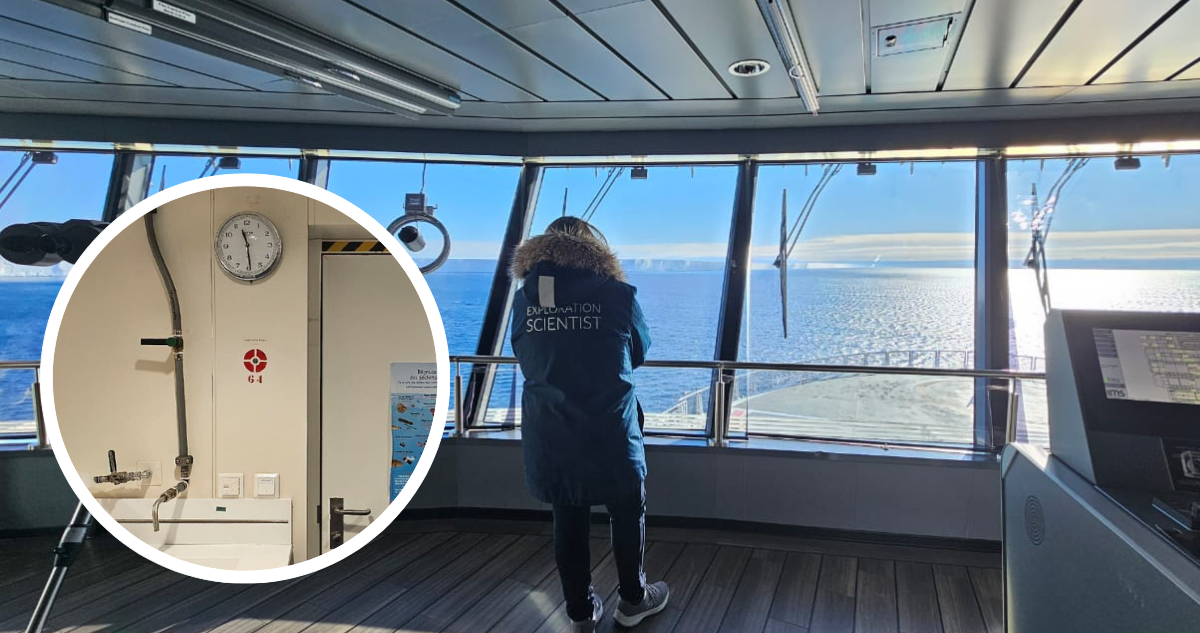 Puente de mando desde donde monitoreamos el cruce de la línea de 180 grados de longitud oeste y comenzamos a navegar hacia el este. Y foto del reloj de pared del laboratorio.