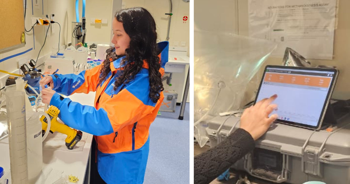 Científica recuperando la fase gaseosa en una de las muestras. | Científica operando el analizador de gases.
