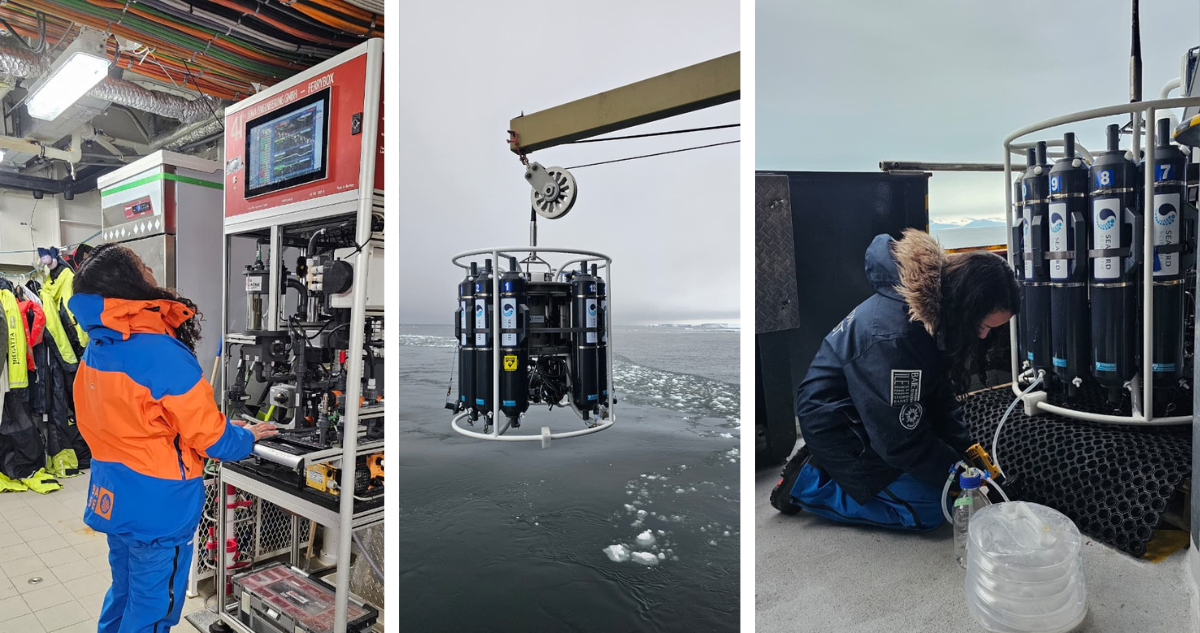 Investigadora monitoreando las variables ambientales en la columna de agua. E Investigadora recolectando el agua de las botellas en bidones.