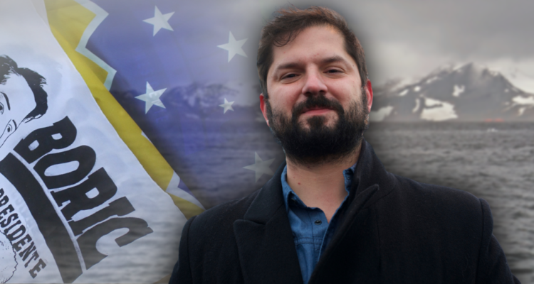 Foto de contexto de Gabriel Boric y bandera de Magallanes