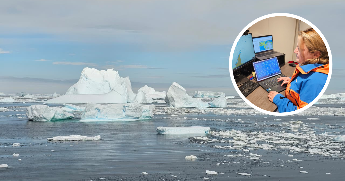 Océano Austral y Julieta Orlando revisando los datos de navegación y condiciones ambientales en torno a los 57°S, mientras buscaba señales del Frente Polar Antártico.