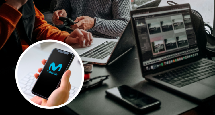 Personas utilizando computadores y celulares. Y foto de celular con logo de Movistar.