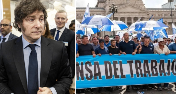 Javier Milei y una protesta de trabajadores argentinos, en una composición digital.