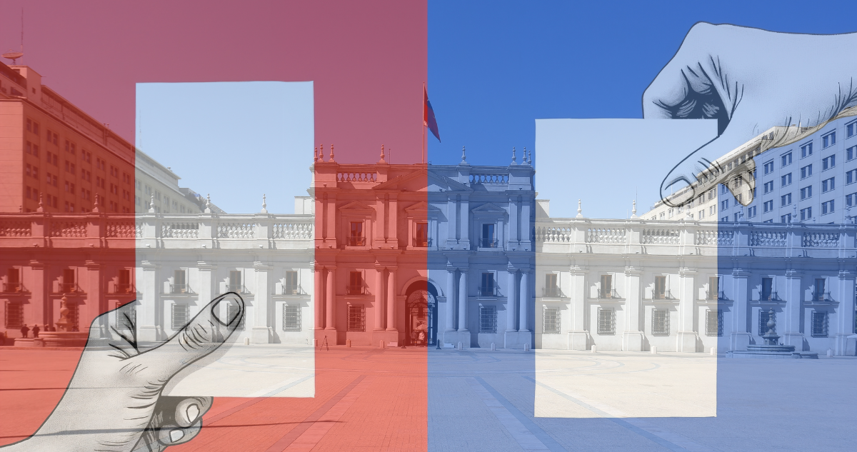 La Moneda con colores azul y rojo, representando izquierda y derecha. Además, aparecen manos con un voto cada una.