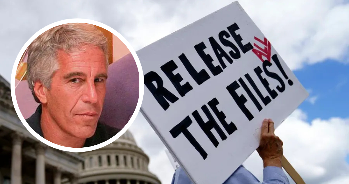Jeffrey Epstein y foto de persona portando un cartel donde se llama a publicar los documentos del caso.