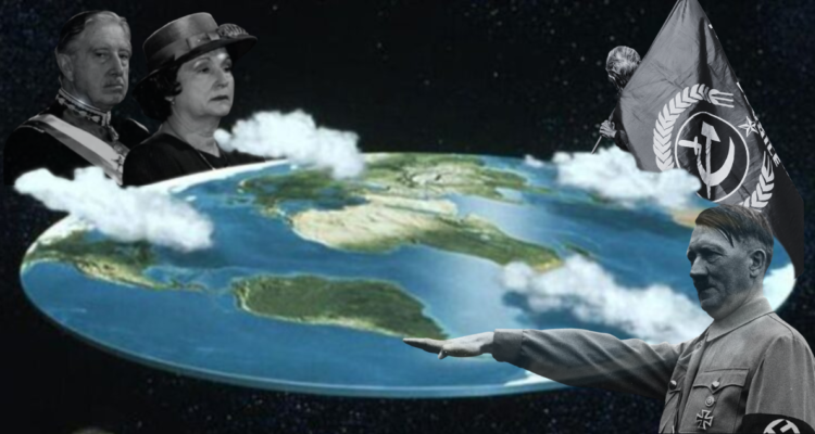 Foto de contexto de terraplanismo y personajes históricos como Pinochet, Hitler y bandera Comunista