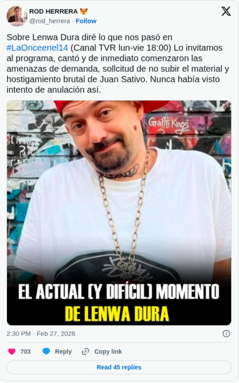 Rodrigo Herrera denuncia "hostigamiento brutal" de Juan Sativo contra Lenwa Dura