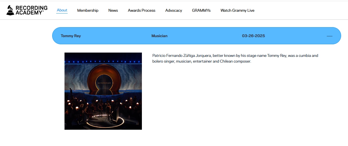Tommy Rey fue homenajeado por los Grammy, pero no apareció en el "In Memoriam"