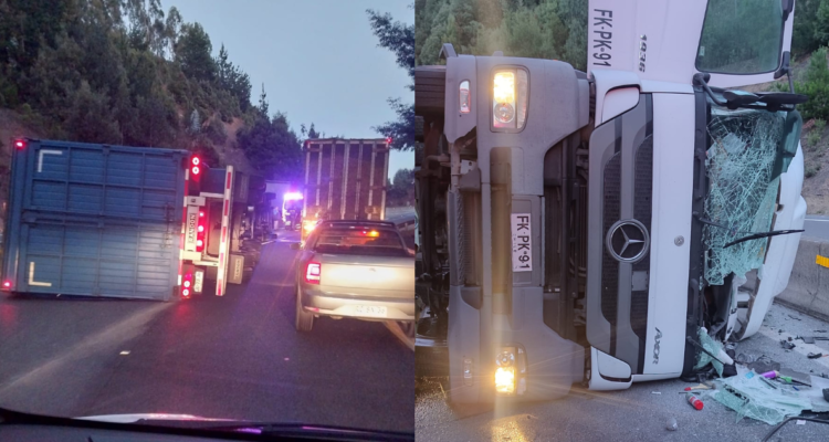 Volcamiento de camión deja tránsito cortado en Ruta 160: reportan 1 lesionado y derrame de combustible