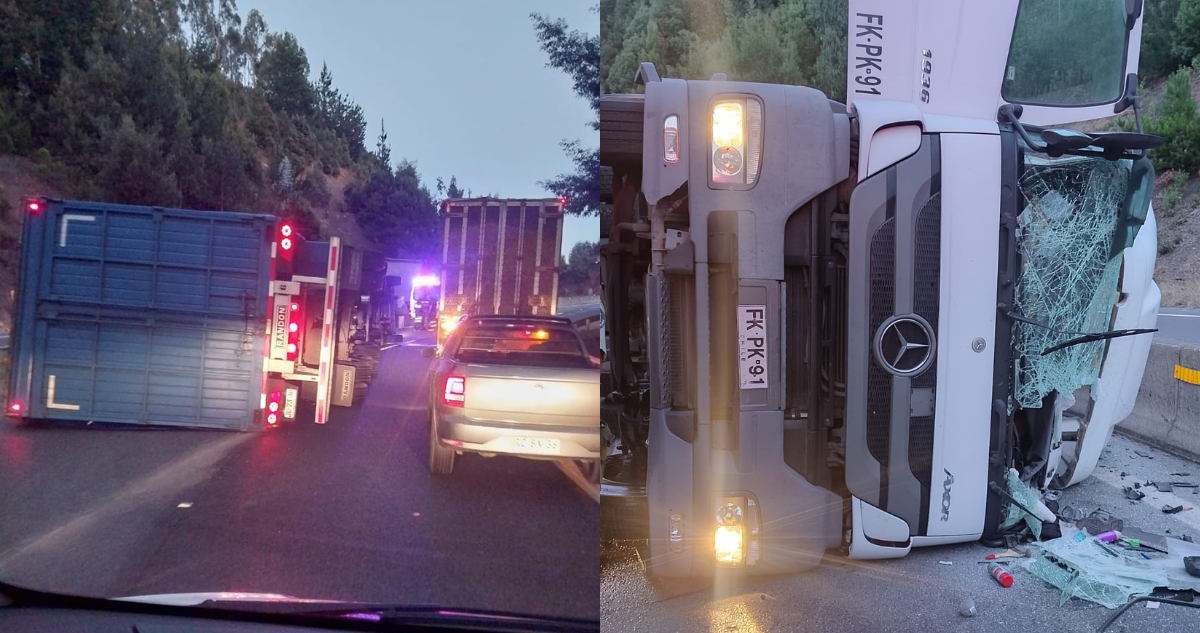 Volcamiento de camión deja tránsito cortado en Colcura: reportan un lesionado y derrame de combustible
