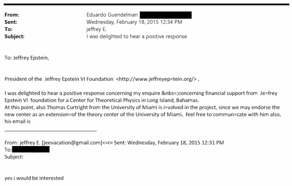 Correo entre Jeffrey Epstein y Eduardo Guendelman sobre interés en centro de físcia en Bahamas