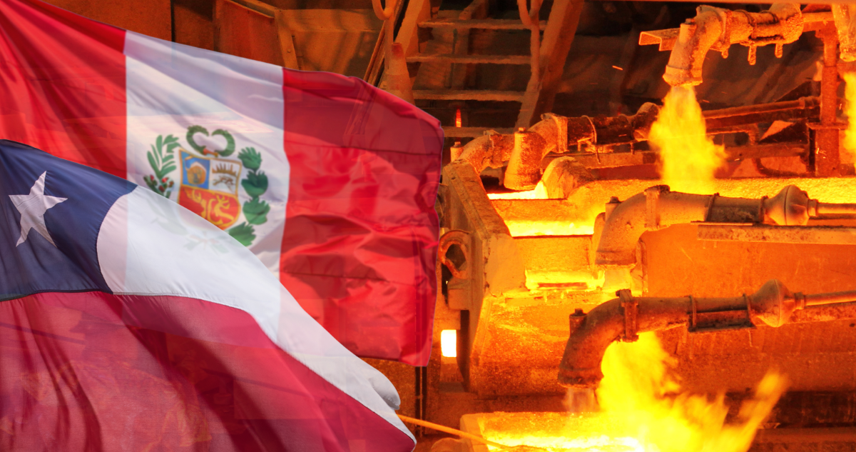 Banderas de Chile y Perú, y foto de la minería del cobre