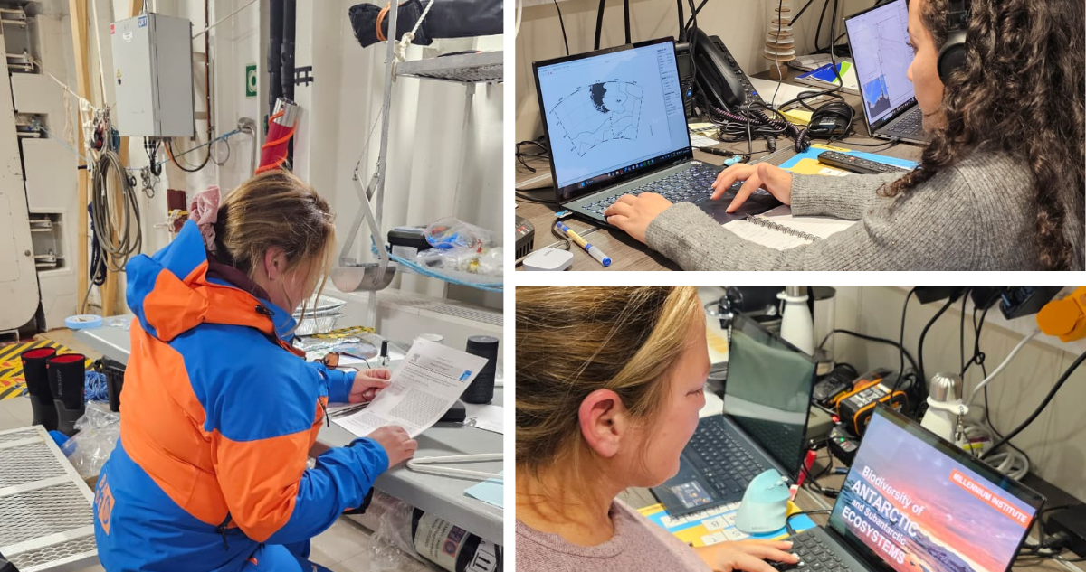 Investigadoras analizando un artículo científico, analizando el mapa con los puntos de muestreo y sistematizando los resultados en una presentación.
