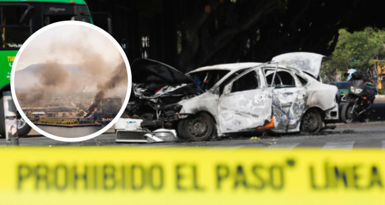 Vehículos quemados y varios puntos de fuego y humo por disturbios en México.