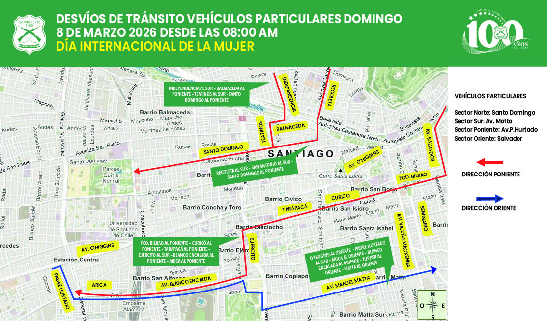 Por marcha del 8M en Stgo: revisa los desvíos de tránsito que tendrán algunas comunas de la capital