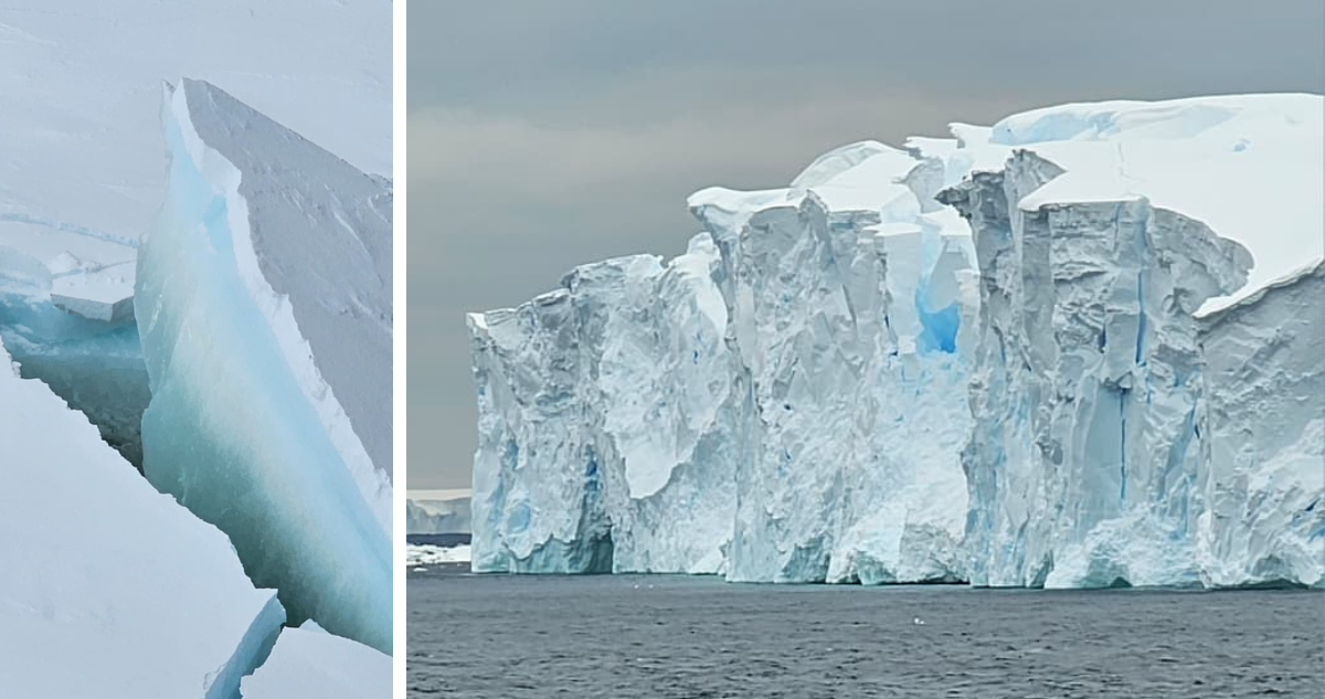 Hielo marino demasiado grueso para poder realizar el muestreo. Y Uno de los muchos glaciares que se aprecian durante el recorrido.