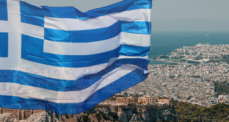 Bandera de Grecia y foto de Atenas