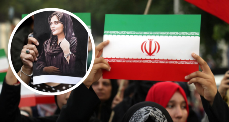 Mahsa Amini y foto de archivo de mujeres protestando con banderas de Irán.