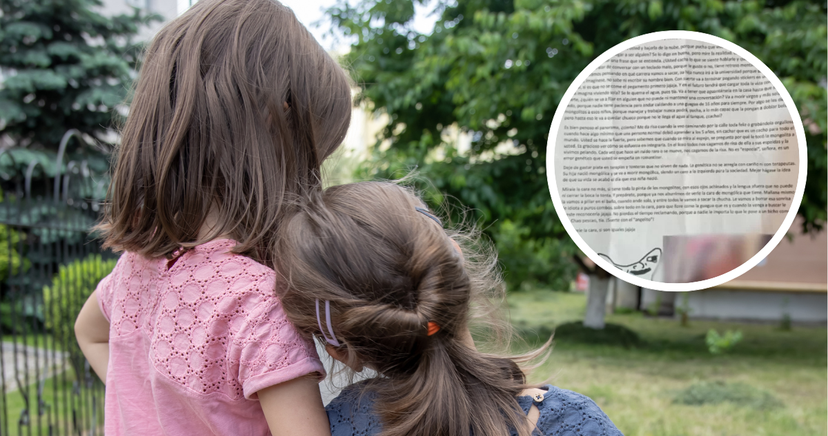 Niñas abrazadas y captura de la carta enviada a madre de niña con Síndrome de Down