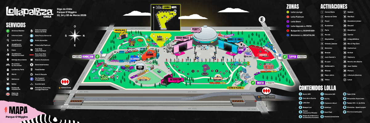Lollapalooza 2026 revela mapa de escenarios y stands en su regreso al Parque O'Higgins