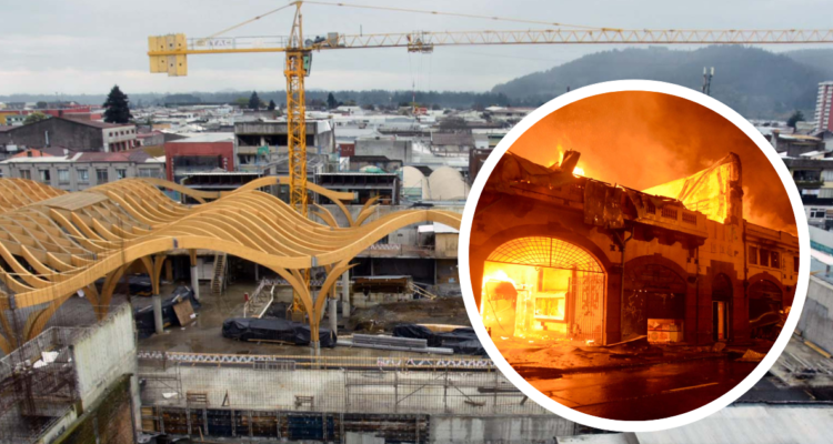 Mercado de Temuco y foto de incendio del mercado en 2016.